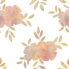 Watercolor bouquet, seamless botanical pattern. Flowers and leaves collected in a seamless pattern for design.