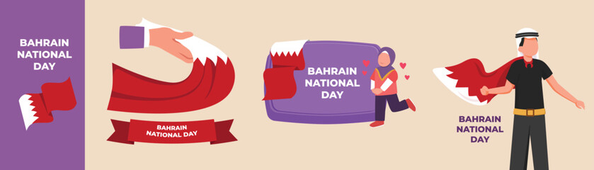 Hand hold Bahrain flag scarf and Happy Arabian boy and little hijab girl celebrating Bahrain national day. Bahrain national day set concept. Flat vector illustrations isolated. 