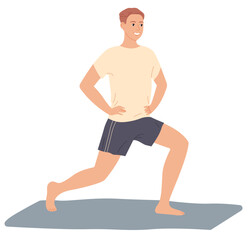 Man trains at home, does exercises