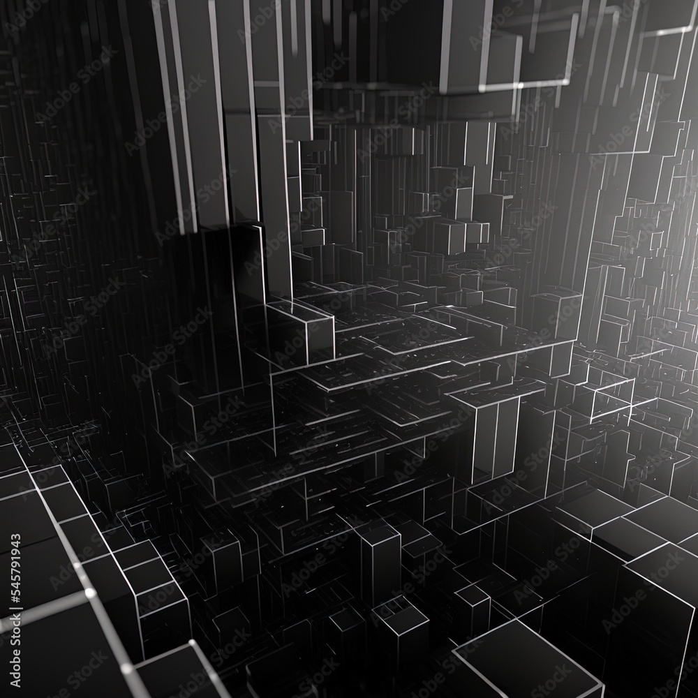 Poster dark technological lines background with cubes and lines, 3d rendering. computer digital drawing.