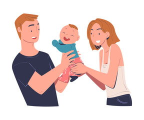 Happy family concept. Couple holding their baby together cartoon vector illustration