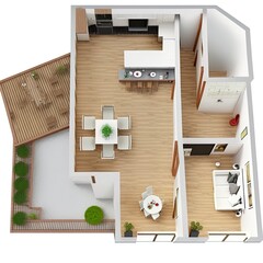 3D floor plan top view of a house isolated on white background. 2 Bedroom, 2 1 2 Bath. May be used for a graphic art, design or architectural illustration.
