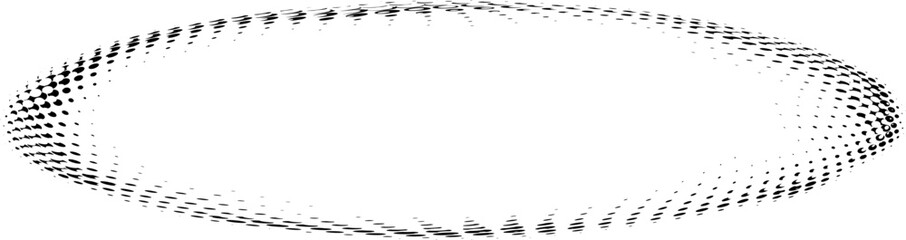 Obraz premium Christmas snowy frame in the form of schematic rounded outline. Punched dotted halftone oval with polka dots, spots, beads. Vector. Space for copy text. Imitation of duplicate bottom layer. 