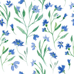 Watercolor  seamless pattern with abstract blue flowers, leaves, branches. Hand drawn floral illustration isolated on white background. Vector EPS.