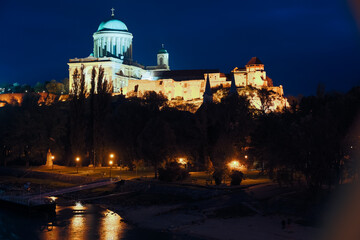 Basilica is religion landmark of Esztergom in illumination of Hungary outdoors.