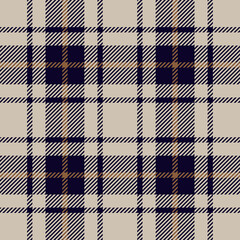 Navy blue and beige tartan plaid. Scottish pattern fabric swatch close-up. 