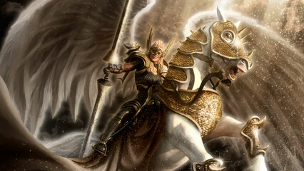 A scandinavian fantasy character, brave Valkyrie with large wings on a magic white horse under the divine rays. Battle, heavenly Angel in scaly armor with a long spear in his hand. 3d illustration.
