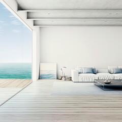 Fototapeta na wymiar Sea view living room with wooden floor and concrete wall background in modern beach house, White interior of vacation home 3D rendering
