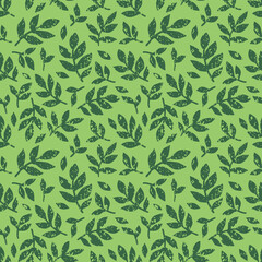 Linocut vector dark leaves on greenbackground. Seamless vector green leaves linocut grunge pattern. Linocut vector seamless print. Great for label, print, packaging, fabric.