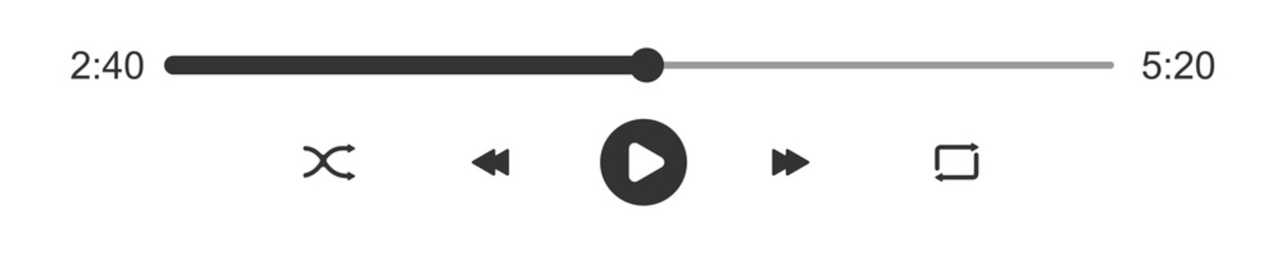 Audio or video player progress loading bar with time slider. Play, shuffle, repeat, rewind and fast forward buttons. Template of media player playback panel interface. Vector graphic illustration