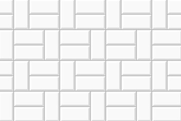 White basket weave tile mosaic layout. Stone or ceramic brick wall background. Kitchen backsplash texture. Bathroom or toilet floor decoration. Sidewalk texture. Vector flat illustration