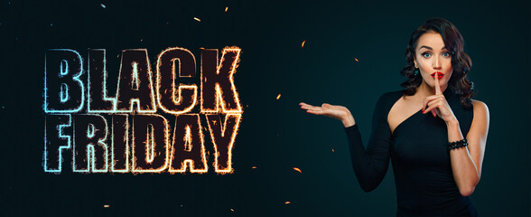 Black friday advertisement banner with girl. Neon sign at blackfriday november holiday. Template for promotion, advertising, web and social ads