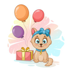 Cute and smile kitten with a gift and balloons