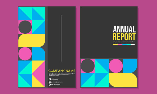 Set of minimal retro geometric design cover for book, annual report, catalog. Bauhaus retro pattern black background, vector abstract circle, triangle and square line art