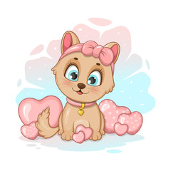 A cute romantic kitten with pink hearts