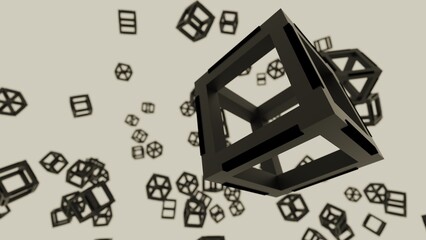 Black illuminated black cubes with dots under black-white background. Block chain network technology concept illustration. 3D illustration. 3D CG. 3D high quality rendering. 