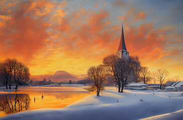 Church by the river on a wintry sunset evening