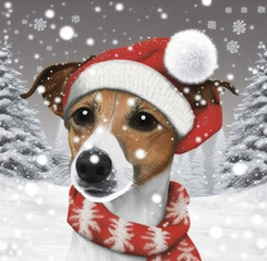 Jack Russell Terrier in a santa hat playing in the snowy woods