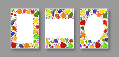 Fruit berries copy space frame set. Fresh raspberry strawberry blackberry bramble dewberry grapes lemon peach pomegranate cherry apricot apple pear plum orange avocado. Healthy food flat icons border