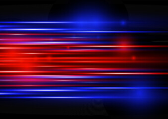 Beautiful glow light flare and spark. Red blue special effect, speed police line. Magic of moving fast lines. Laser beams, horizontal light rays. Particle motion effect. Vector illustration.