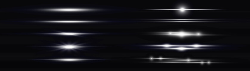 Particle motion effect. Magic of moving fast lines. Silver special effect, speed line. Laser beams, horizontal light rays. Glowing white flare spark, flash lights. Luminous trail. Vector illustration