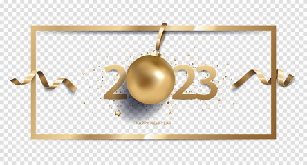 Happy New Year 2023 background with Christmas decoration and confetti in golden frame, isolated on transparent background.