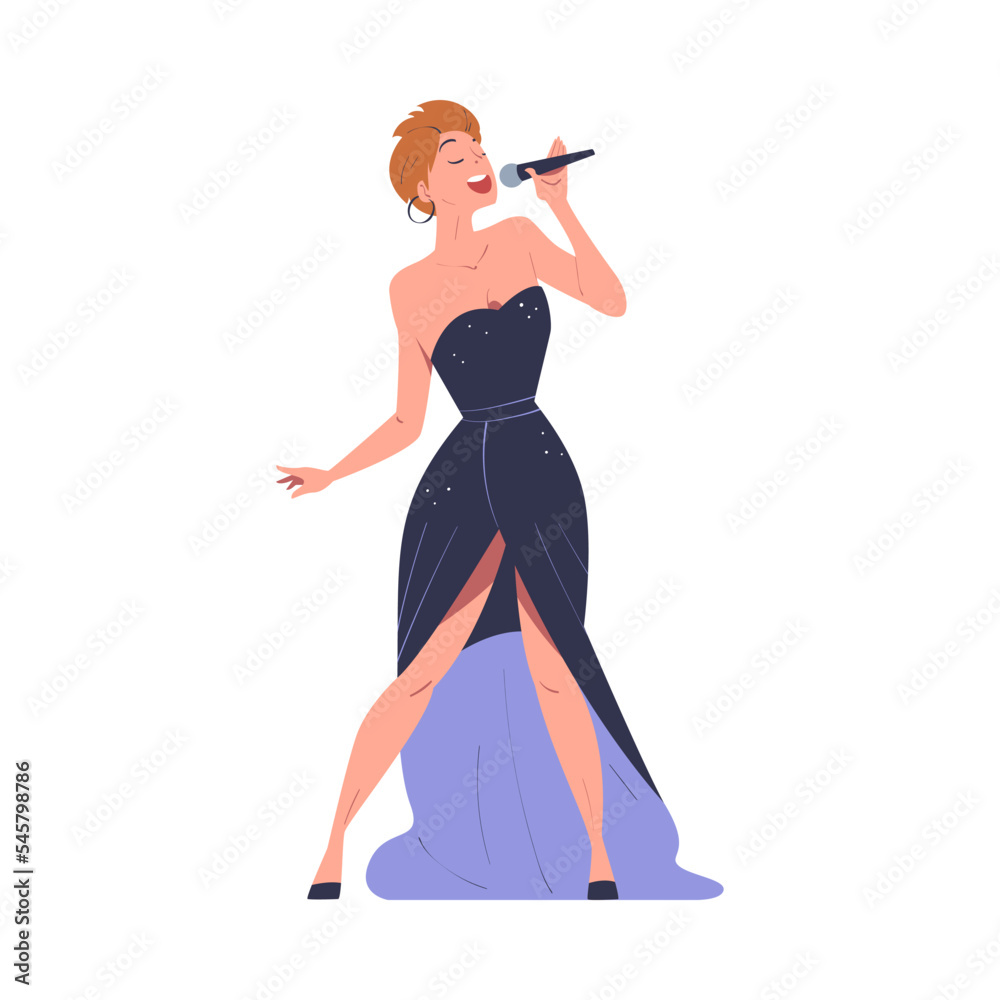 Poster Beautiful woman performing with microphone. Woman singer in evening dress singing song cartoon vector illustration