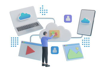 3D Cloud computing upload and download data online service.Hosting provider, Data backup, Cloud computing. Big cloud with connected computer, phone, tablet, media player. 3d rendering