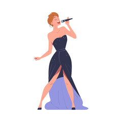 Beautiful woman performing with microphone. Woman singer in evening dress singing song cartoon vector illustration