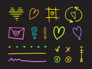 Freehand colored love elements. Line art. Hand drawn colorful objects. Holiday simple elements. Valentine's day