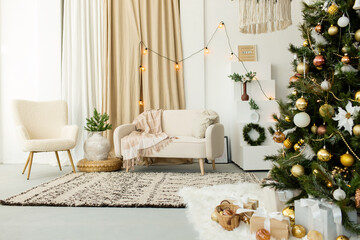 Modern interior design living room with Christmas decorations, toys, gifts, fir tree.