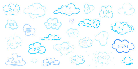 Colorful clouds on isolation background. Sketchy doodles on white. Hand drawn infographic elements. Colored illustration. Sketches for artworks