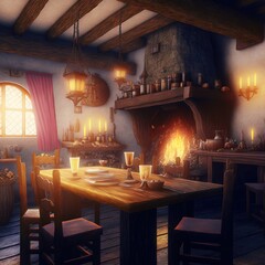 Dark moody medieval tavern inn interior with food and drink on tables, burning open fireplace, candles and daylight through a window. 3D rendering.