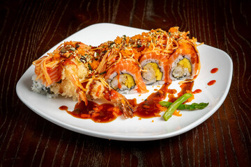 Sushi with shrimp tempura and mango