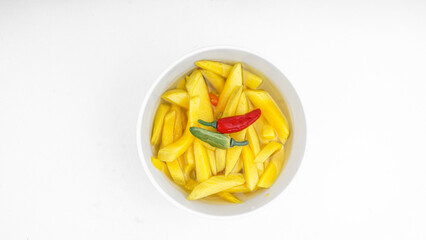 Sliced mango with chili. Organic Fresh mango, Indonesia traditional food