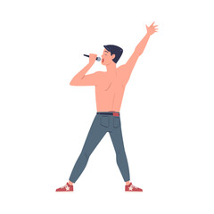 Young man performing on stage. Guy singing song with microphone cartoon vector illustration