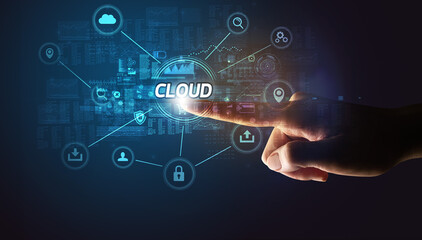 Fototapeta premium Hand touching cybersecurity button concept