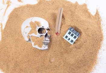 Death Skull under sand beach isolated with last will inheritance or treasure map. Finance Property...