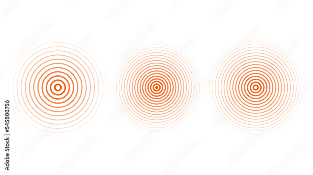 Poster red concentric ripple circles set. sonar or sound wave rings collection. epicentre, target, radar ic