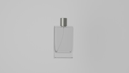 Mock up of realistic glass perfume bottle with silver cap isolated on white background. Cosmetic concept. 3D render