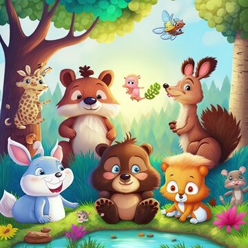 cartoon scene with different forest animals friends having fun together illustration for children