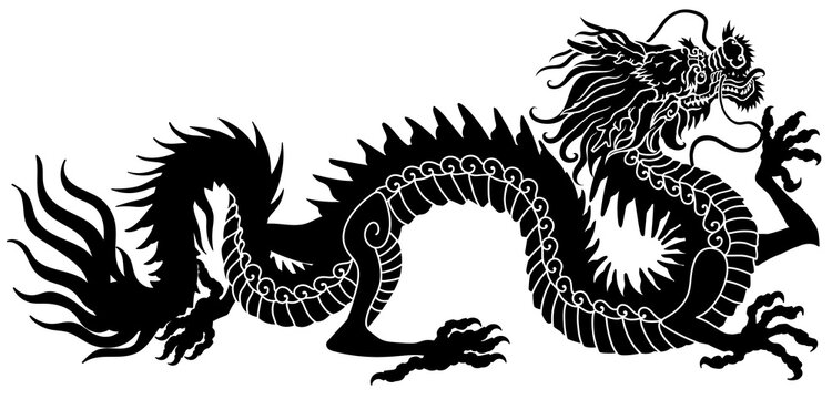 Chinese dragon silhouette. Traditional mythological creature of East Asia. Tattoo.Celestial feng shui animal. Side view. Graphic style vector illustration