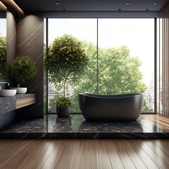 Dark marbel and wooden bathroom modern interior with a wooden floor, a black ceramic tub, a tree in a pot, panoramic window, double sink. 3d rendering