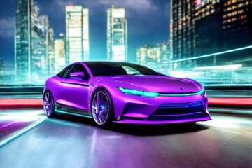Futuristicc concept sport car in a metaverse city. Neon glowing. 3d