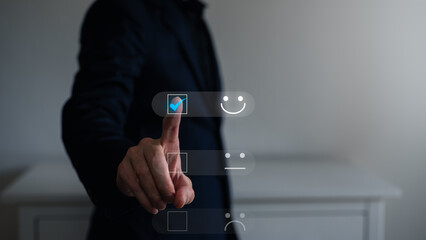 businessman pushing a button on a touch screen to give a top rating in customer service feedback concept, customer satisfaction, best service high score of services concept.