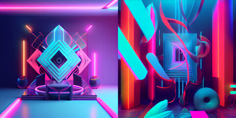 Neon cyberpunk lights, futuristic action texture, abstract background with lines, collection, explosion, colorful background with notes