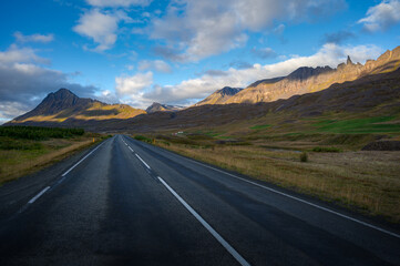 Somewhere on the ring road close to Akureyri, sunbeams on the mountains, Iceland