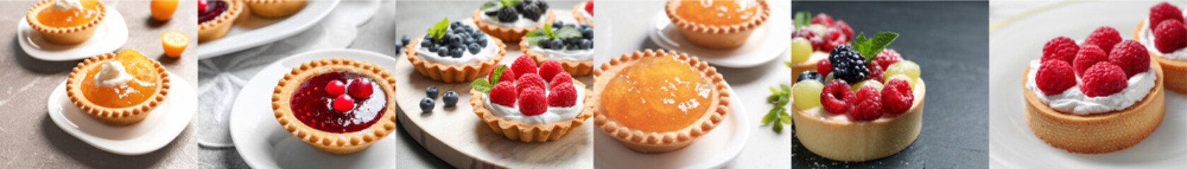 Collage with photos of different tasty tartlets. Banner design