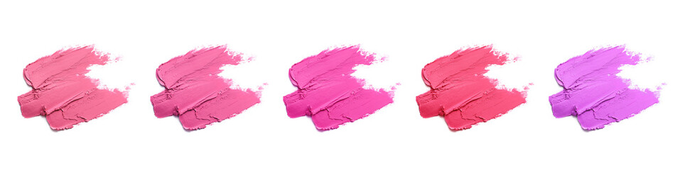 Smears of different beautiful lipsticks on white background, top view. Banner design