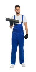 Professional worker in uniform with putty knife on white background